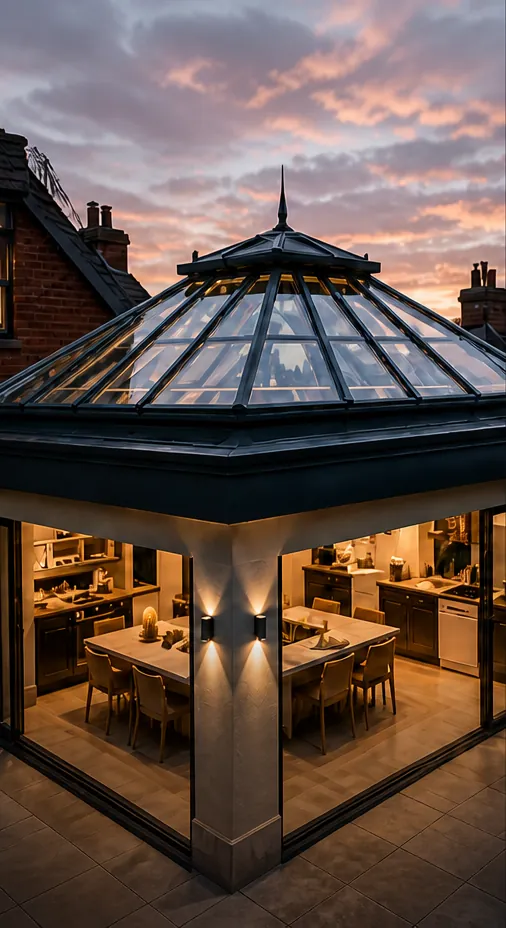 Glazed garden room with a large roof lantern lit at dusk