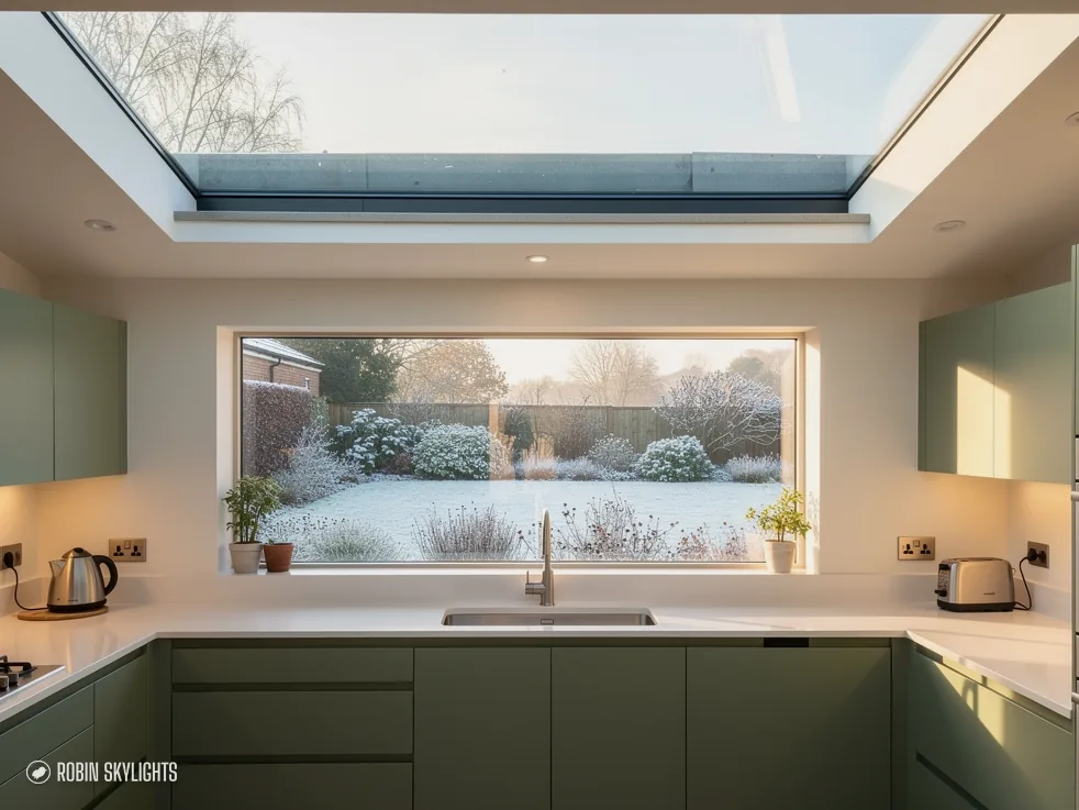 Green kitchen with a flat rooflight above and a frosty garden through the window