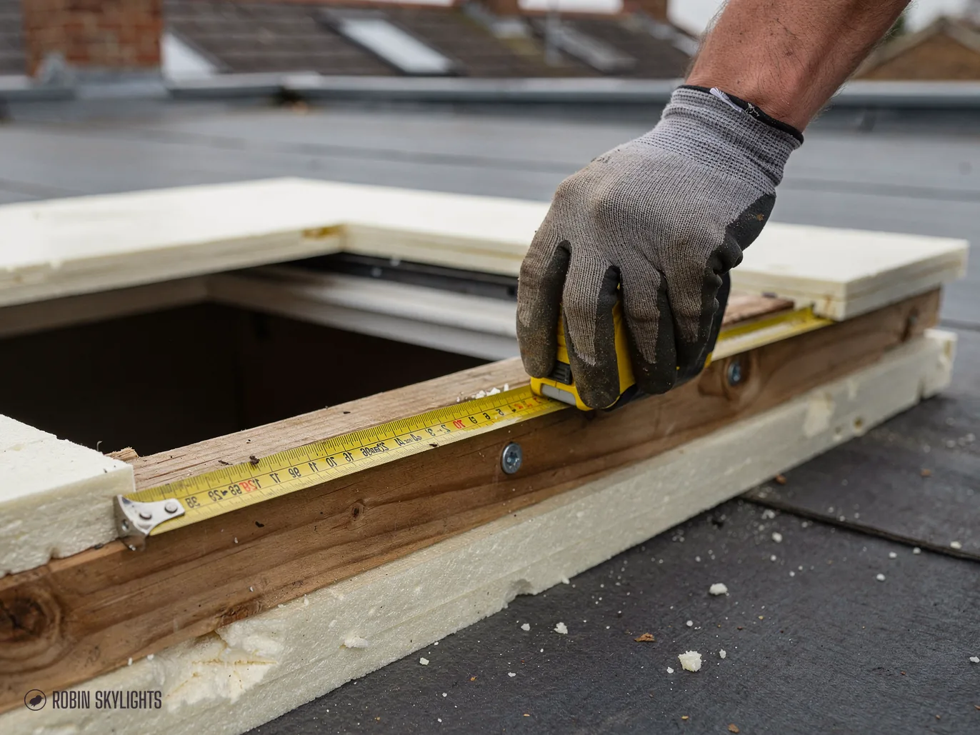Gloved hand measuring an insulated timber kerb on a flat roof with a tape