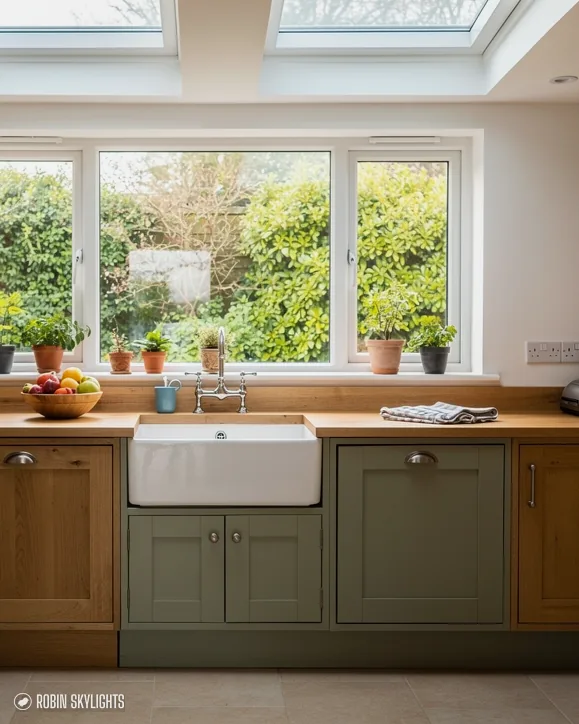 Kitchen with a butler sink under a garden window and flat rooflights above