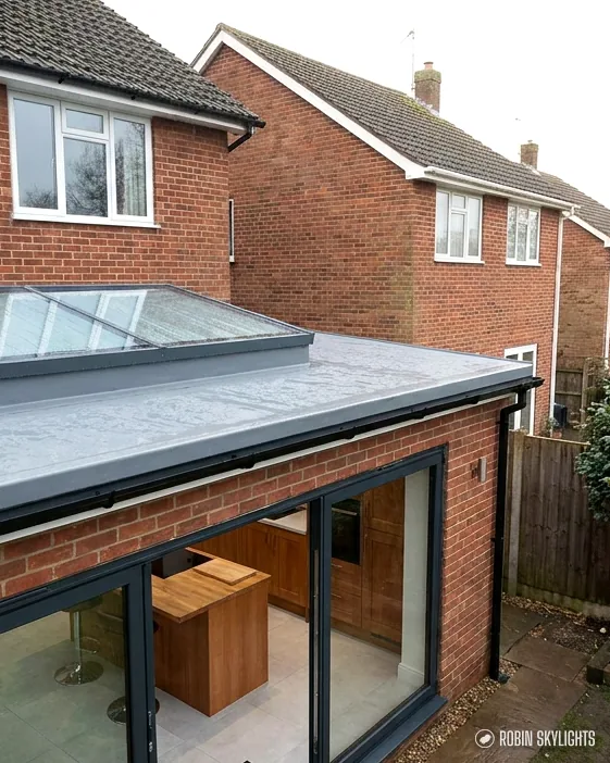 Rear brick extension with a roof lantern and dark glazed sliding doors