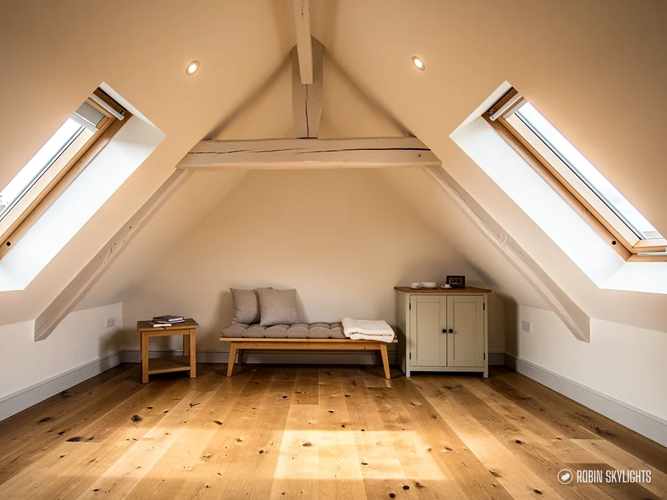 Loft room with timber floor and roof windows on both slopes of the ceiling