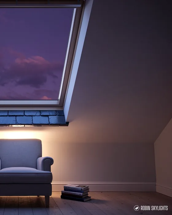 Roof window at dusk above a blue armchair in a sloping ceiling