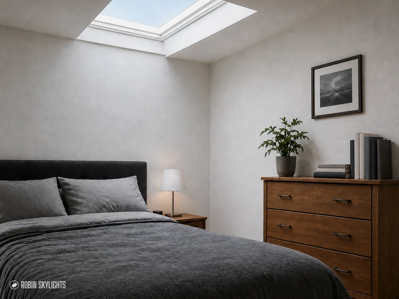 Bedroom with a chest of drawers under a flat rooflight