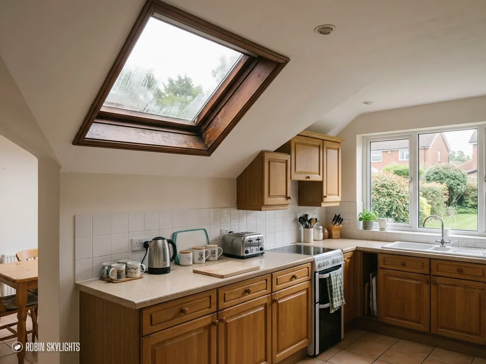 Wooden kitchen units beneath a roof window in a sloping ceiling