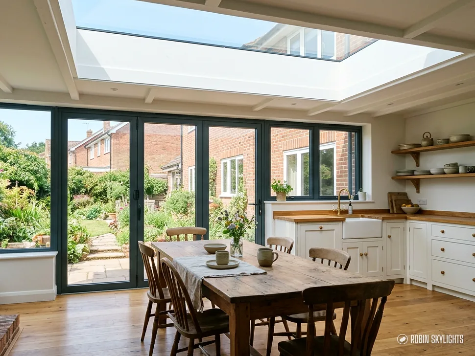 Kitchen diner with a long table and garden doors under a flat rooflight