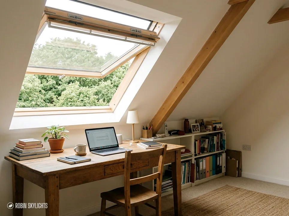 Desk with a laptop and bookshelves beneath a roof window