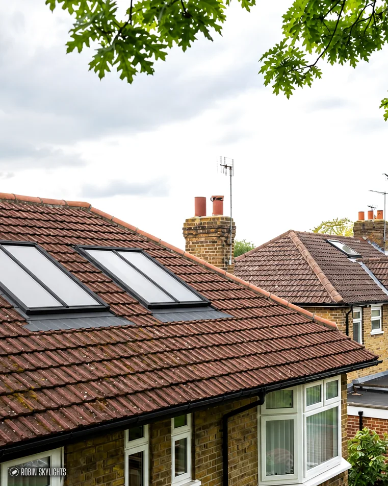 Roof windows in a red tiled roof among neighbouring houses and trees