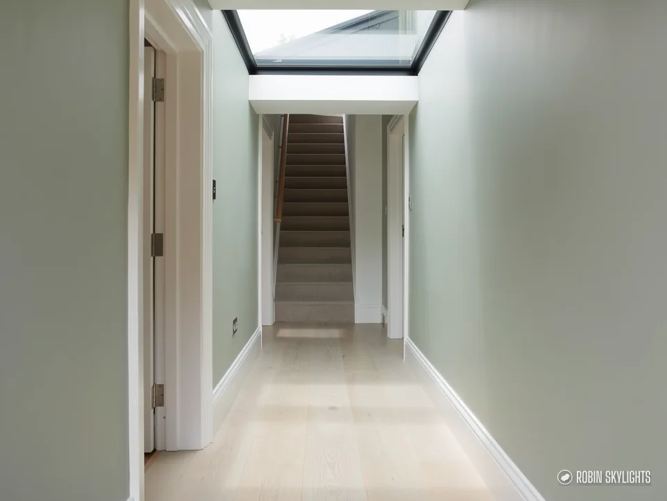 Long hallway leading to stairs with a rooflight above