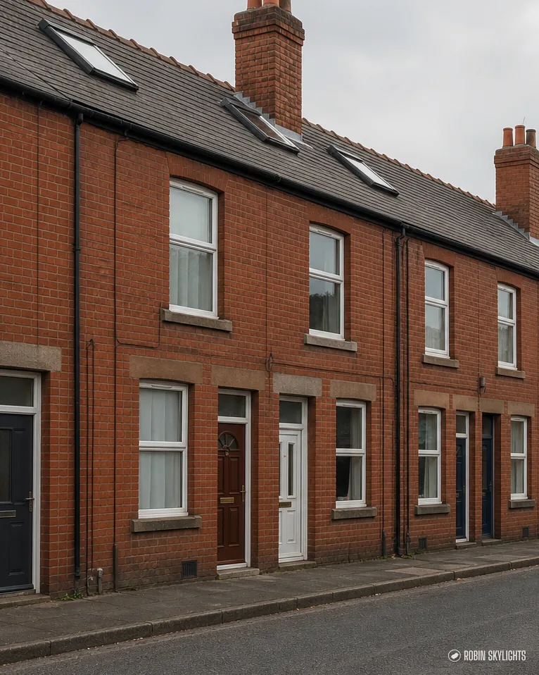 Row of red brick terraced houses along a street