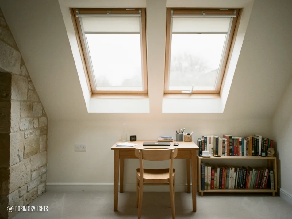 Study with a desk and bookshelves under twin roof windows