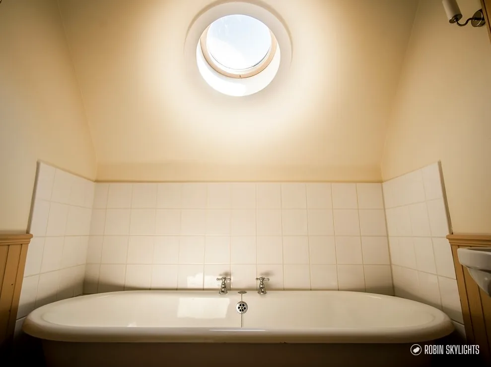 Bath in a tiled alcove lit by a round sun tunnel above