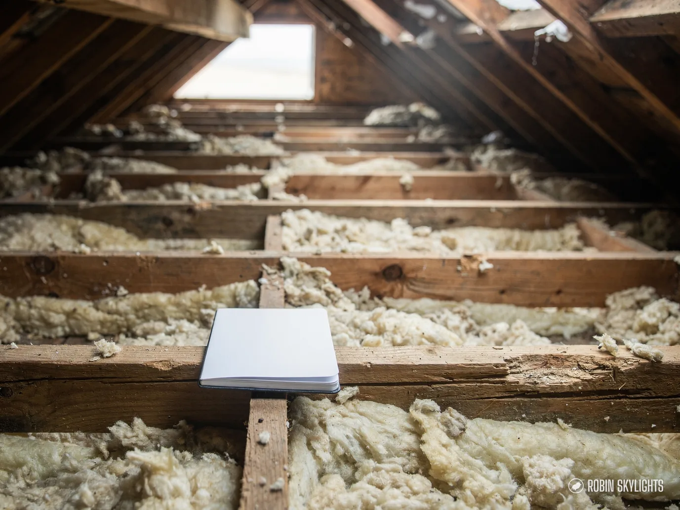 Loft joists and old insulation with a notebook resting on a beam