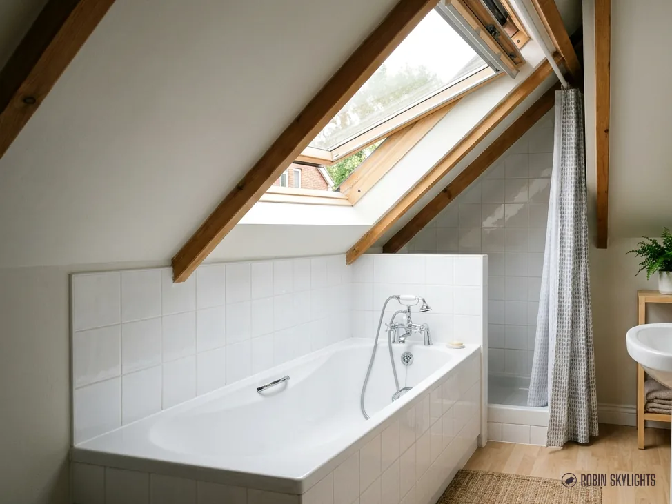 White bathroom with a bath beneath a roof window in the slope