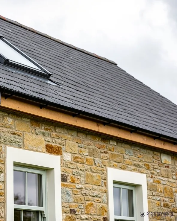 Stone cottage with a slate roof and a roof window