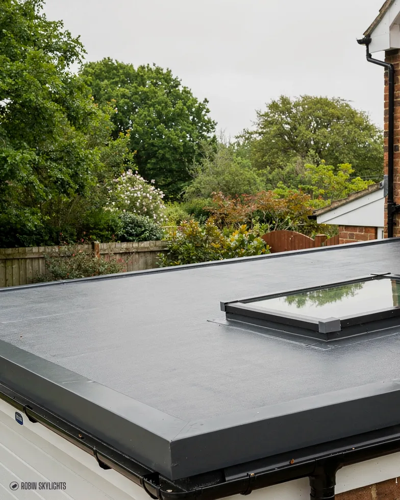 Flat rooflight on a grey flat roof with garden trees behind