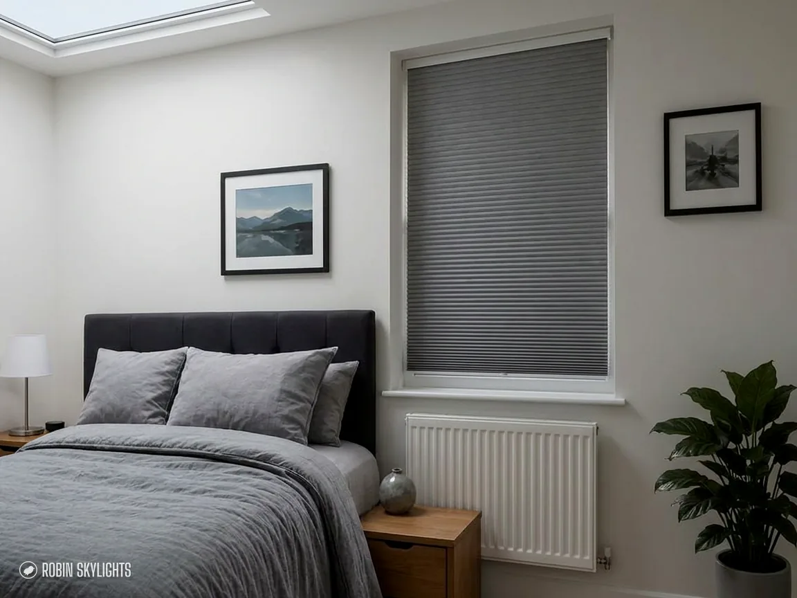 Grey bedroom with a flat rooflight in the ceiling and a blind on the window