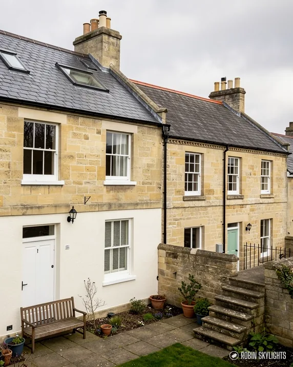 Rear of stone terraced cottages with garden steps and a bench