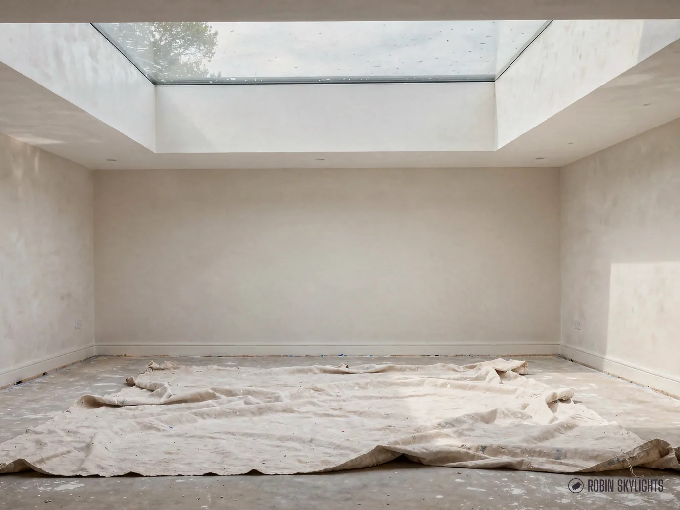 Empty room with dust sheets on the floor under a large flat rooflight