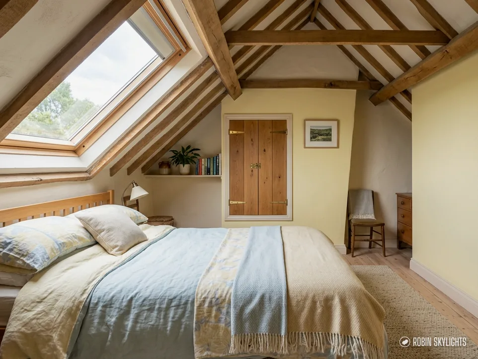 Bedroom with a striped throw under a roof window and oak beams
