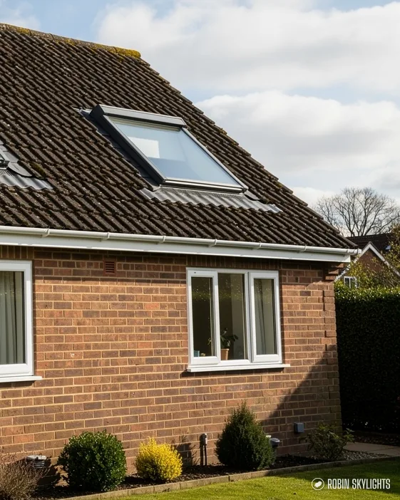 Brick house with a roof window in a tiled roof and a garden