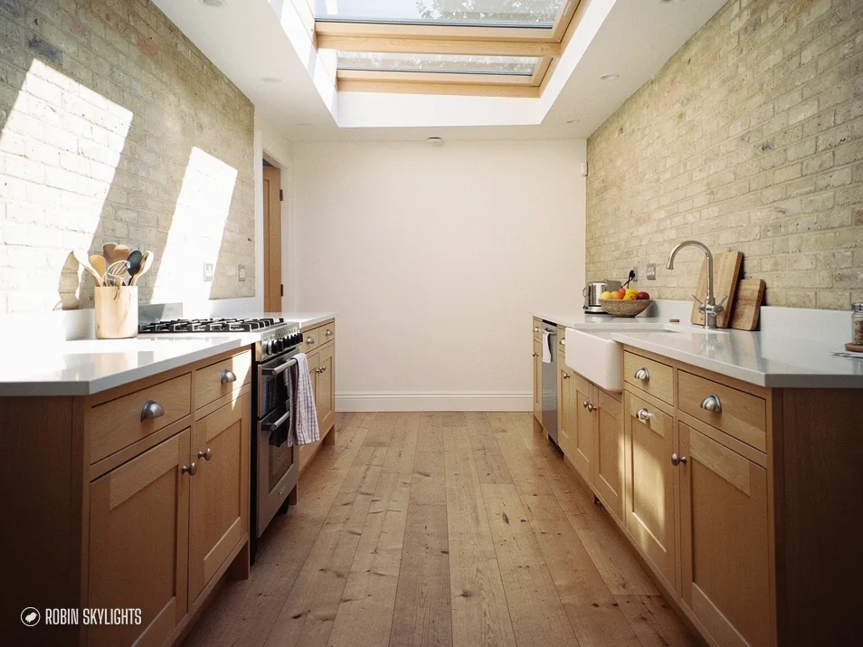 Galley kitchen with wooden units lit by a rooflight overhead