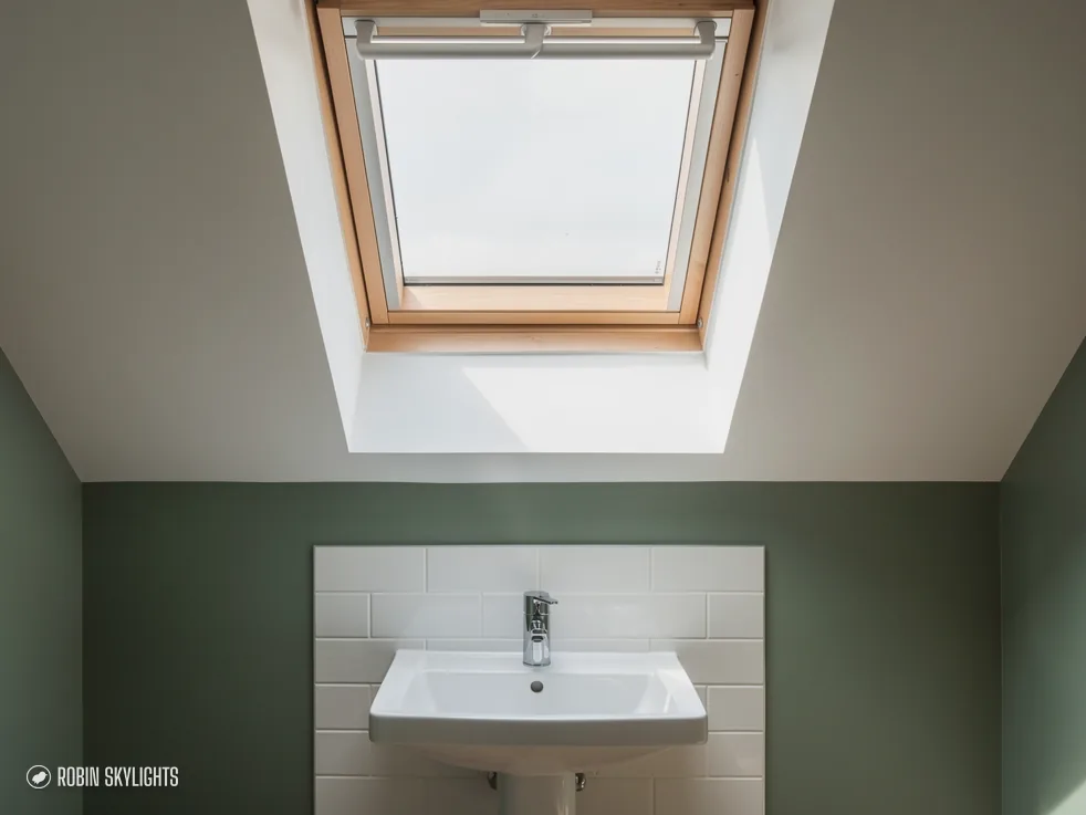 Wall-hung basin against green paint beneath a roof window
