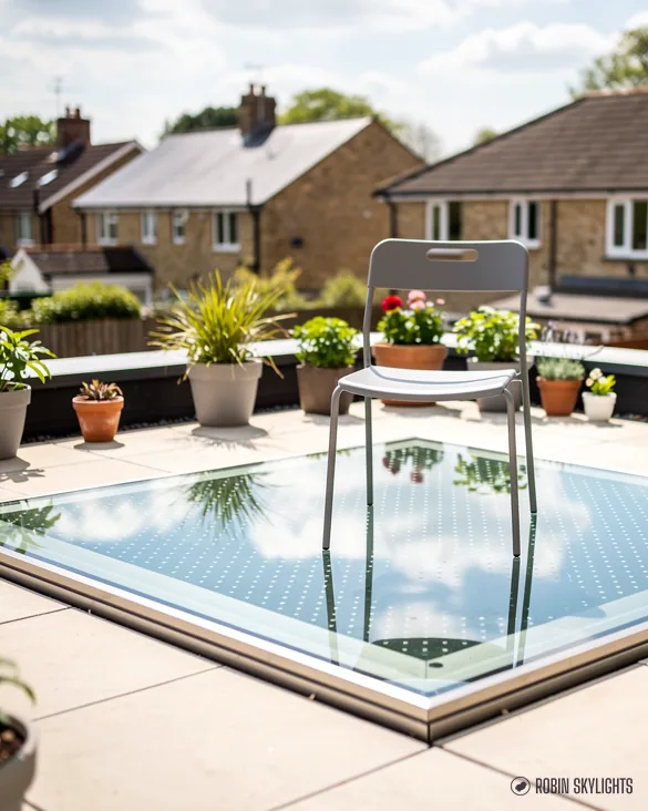 Walk-on rooflight on a terrace with chairs and pot plants