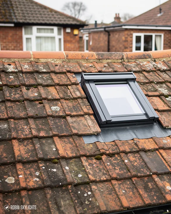 Roof window in an old red clay tile roof