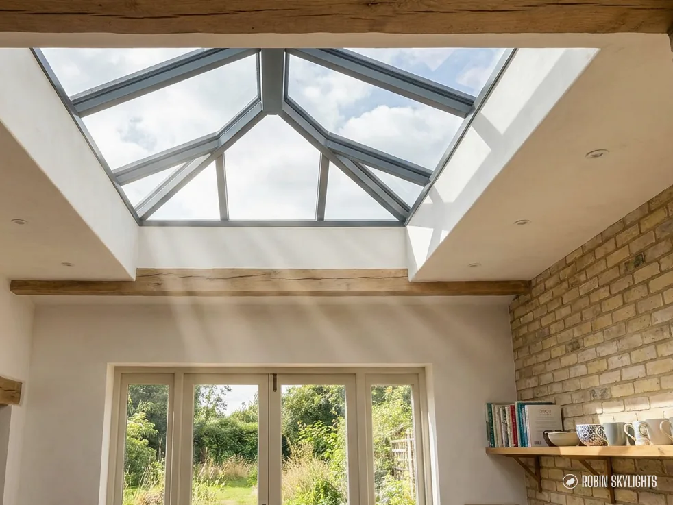 Attic room with a roof lantern and exposed timber beams