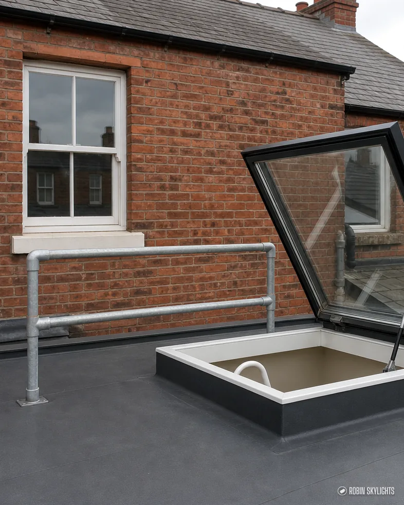 Roof access hatch open on a flat roof with a safety rail