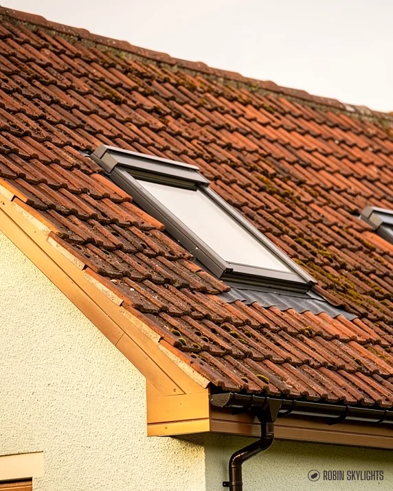 Roof window in a red clay tile roof above a rendered wall