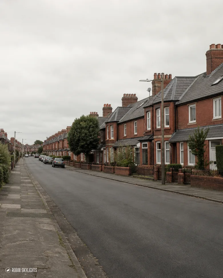 Quiet street of red brick terraced houses on a grey day