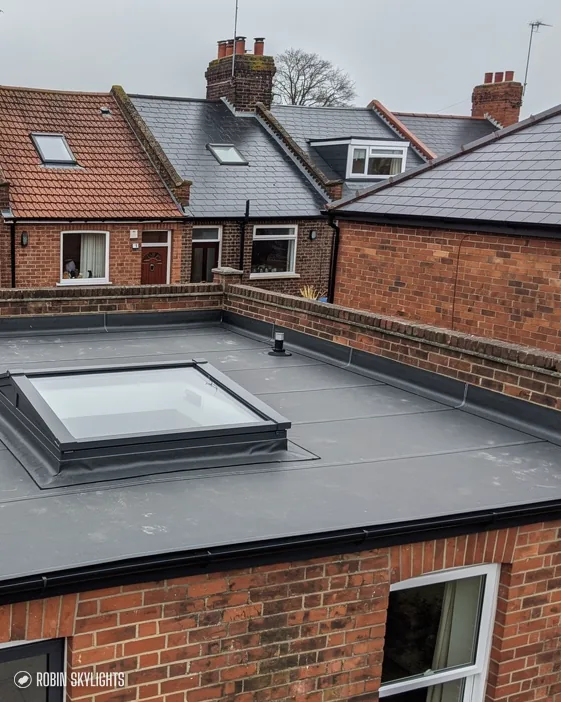 Flat rooflight on a rear extension below brick terraced houses