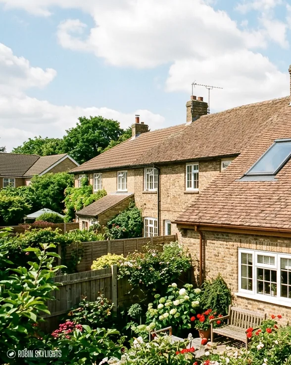 Brick cottages with a roof window and a flowering garden