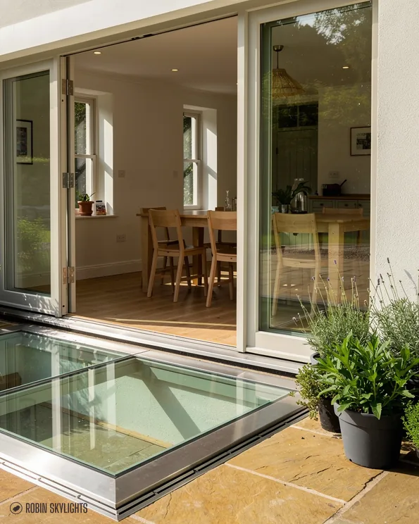 Walk-on rooflight in a patio outside open glass doors with plants