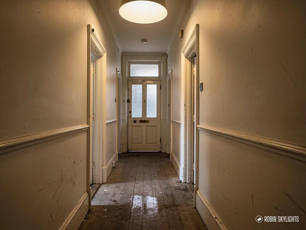 Narrow hallway with a front door and a round ceiling light