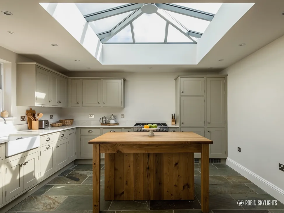 Kitchen with a timber-topped island beneath a roof lantern