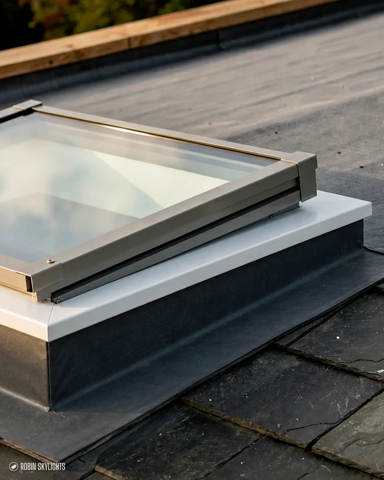Close view of a flat rooflight on a grey upstand on a flat roof