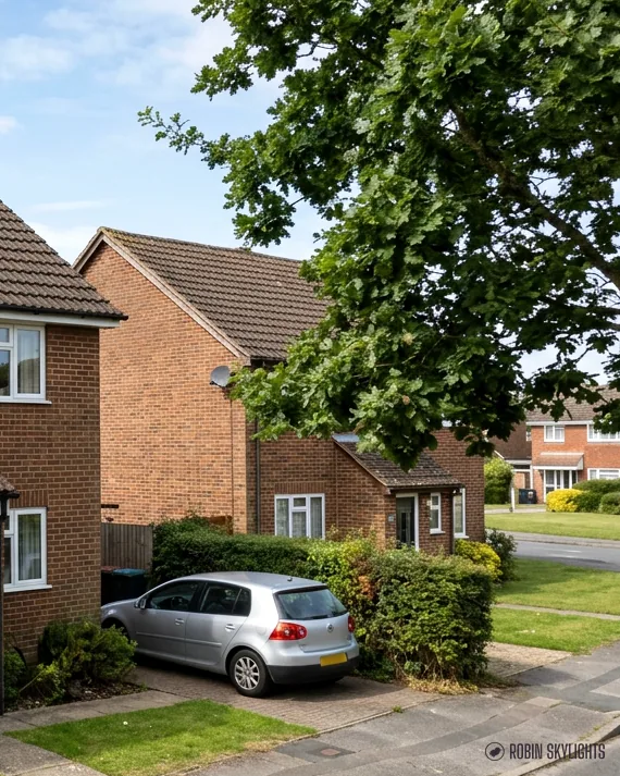 Brick houses on a leafy close with a silver car on the drive