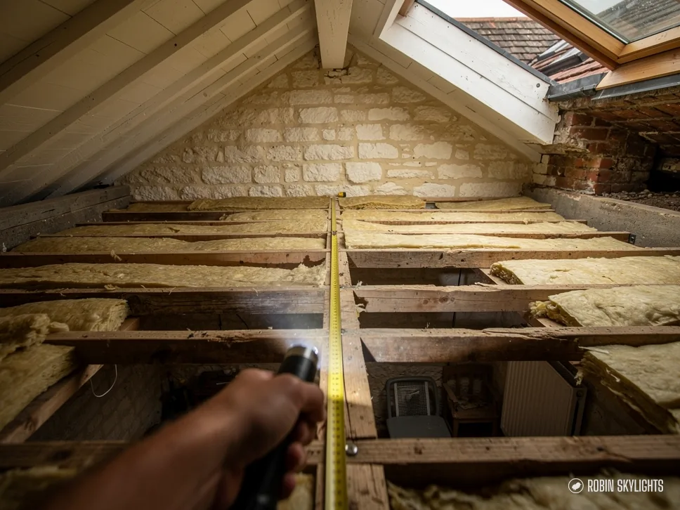 Hand measuring loft floor joists with a tape among insulation