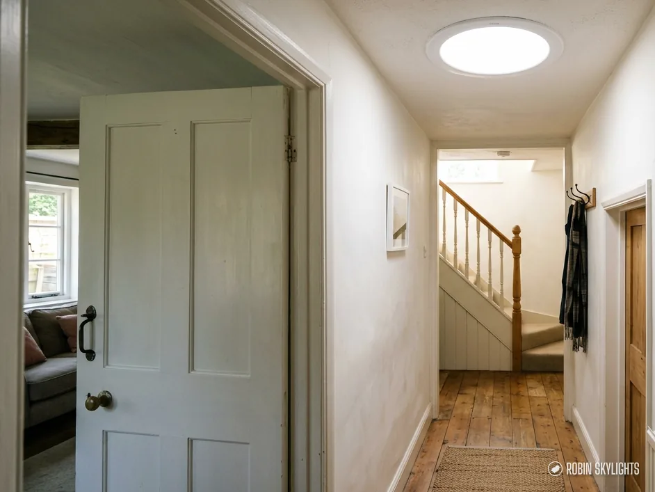 Hallway with a white door and stairs under a sun tunnel diffuser