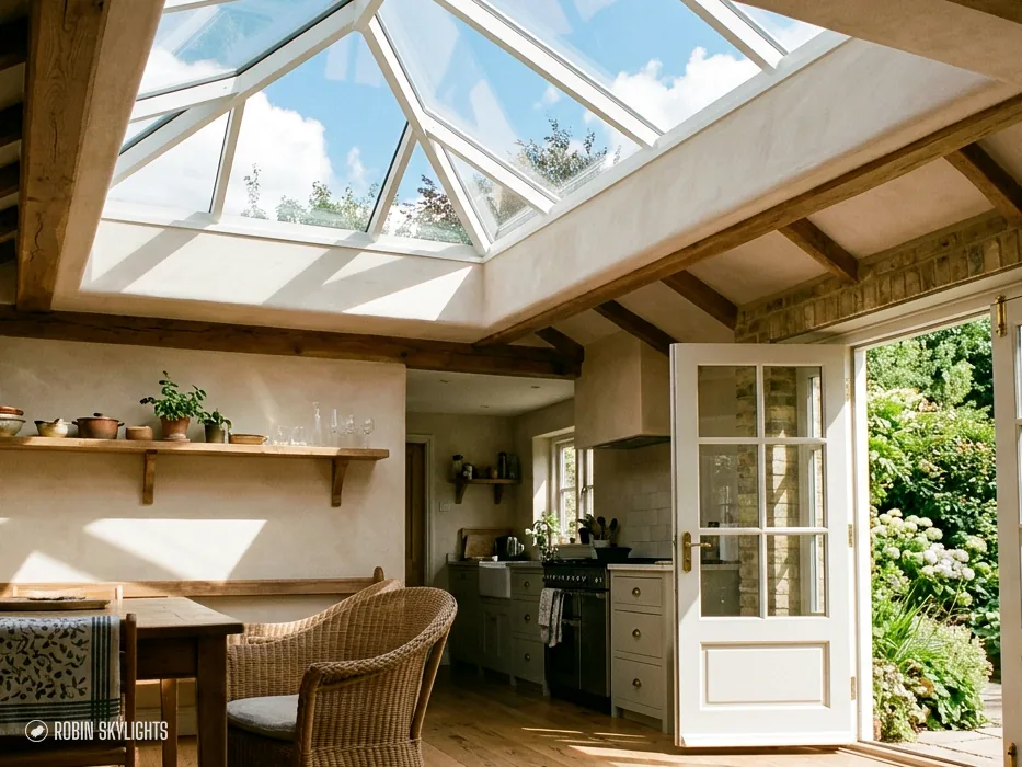 Kitchen extension with a timber-framed roof lantern and garden doors