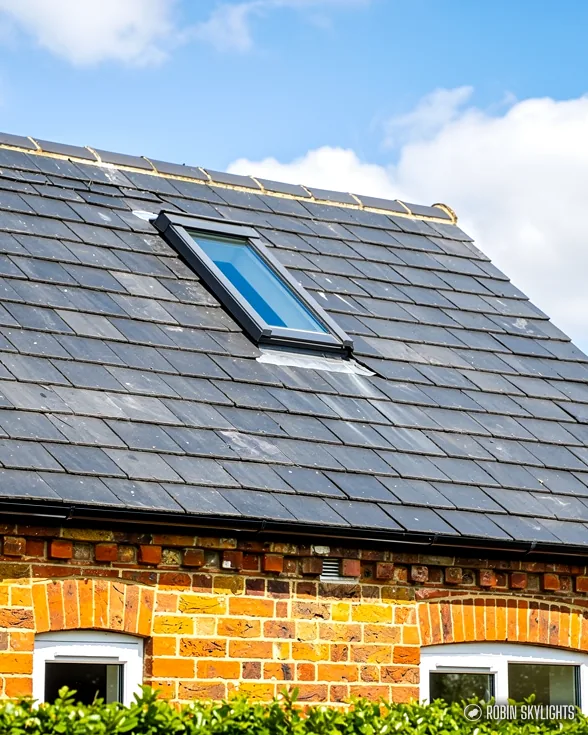 Roof window in a dark slate roof above a brick gable
