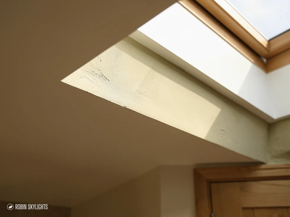 Close view of a roof window reveal from inside with light falling in