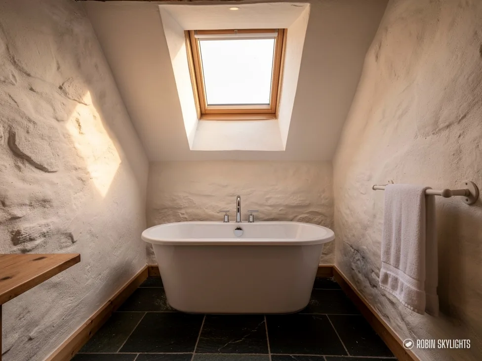 Freestanding bath on a slate floor beneath a pine roof window