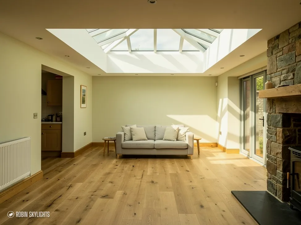 Living room with a sofa beneath a long roof lantern