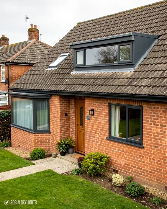 Brick house with a dormer and roof window above a lawn