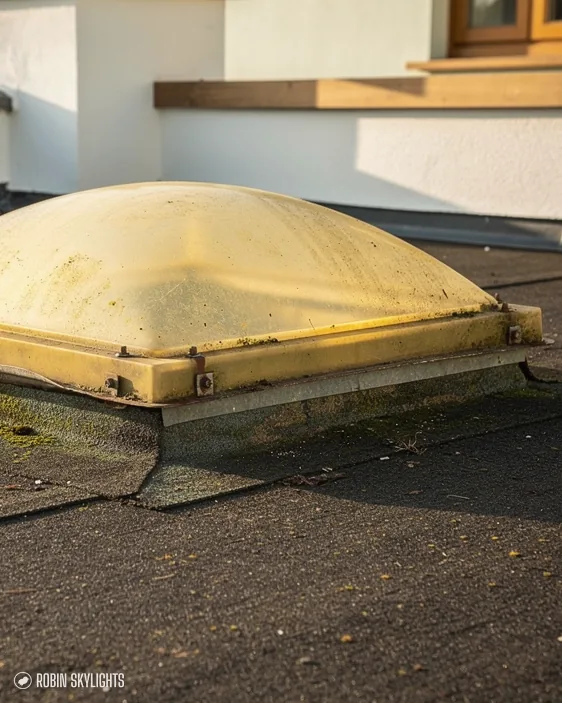 Yellowed old dome rooflight on a flat roof